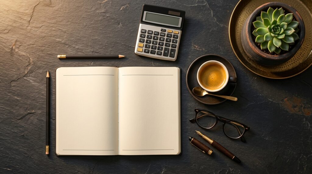 Mesa de gestão com caderno, calculadora e café — os indicadores de um restaurante