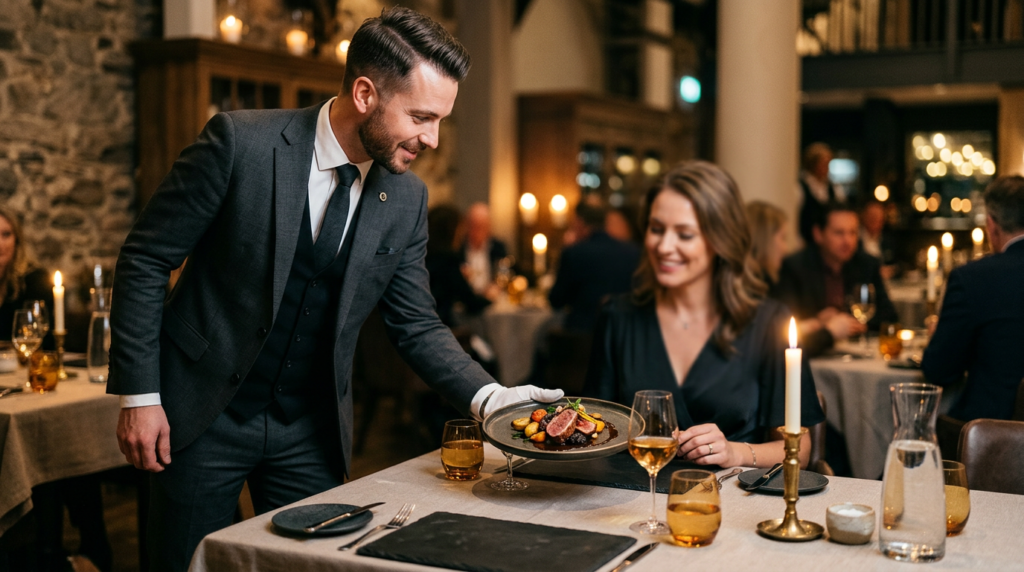 Garçom elegante servindo prato em mesa posta de restaurante — atendimento de salão