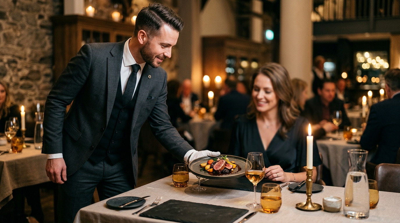 Garçom elegante servindo prato em mesa posta de restaurante — atendimento de salão