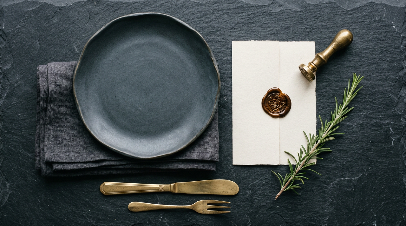 Composição de elementos de marca de restaurante sobre ardósia — branding gastronômico