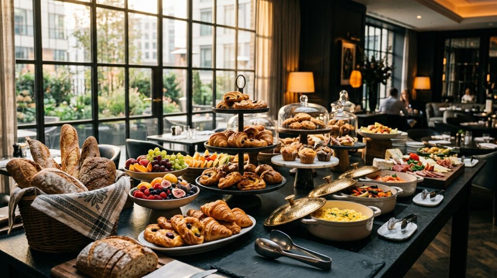Buffet de café da manhã farto e elegante de hotel junto à janela ensolarada