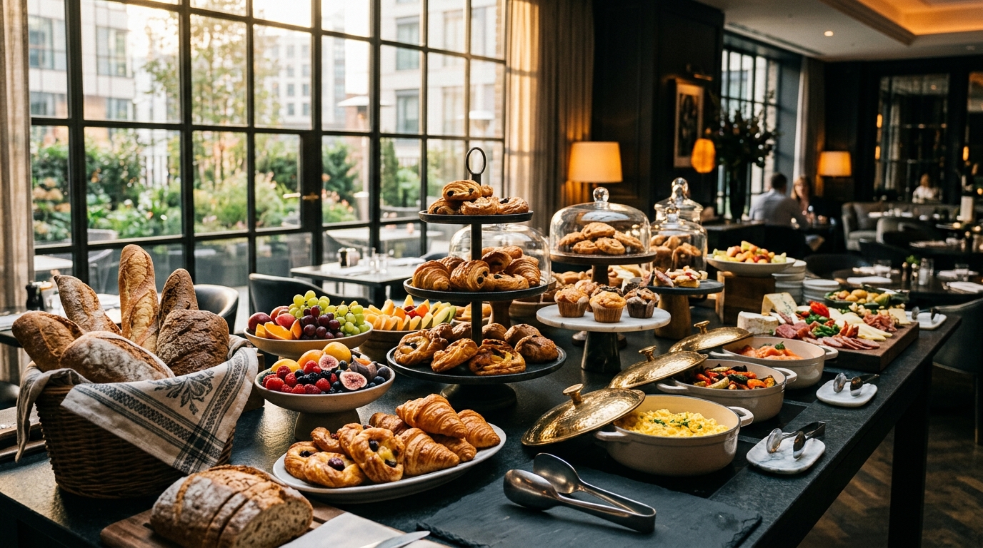 Buffet de café da manhã farto e elegante de hotel junto à janela ensolarada
