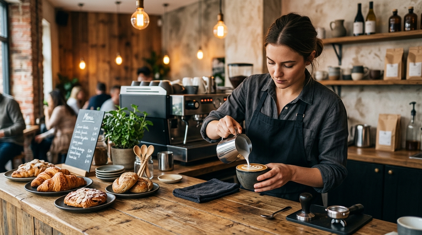 Barista fazendo latte art em cafeteria moderna e aconchegante, com doces ao lado
