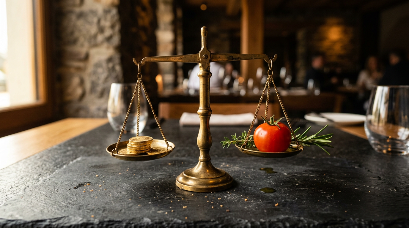 Balança de equilíbrio entre moedas douradas e um ingrediente fresco — preço e valor no cardápio