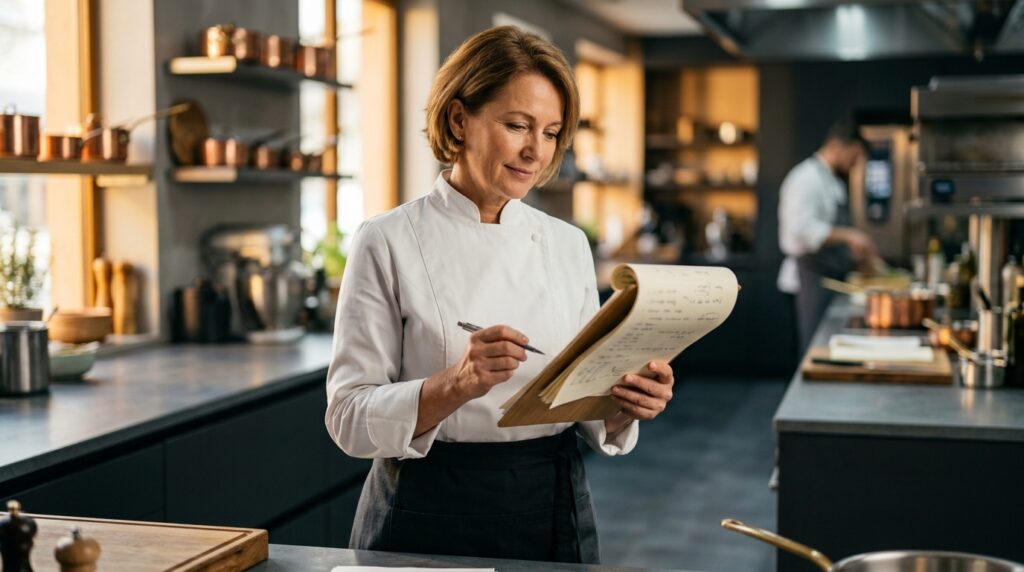 Consultora gastronômica de jaleco com prancheta avaliando uma cozinha profissional