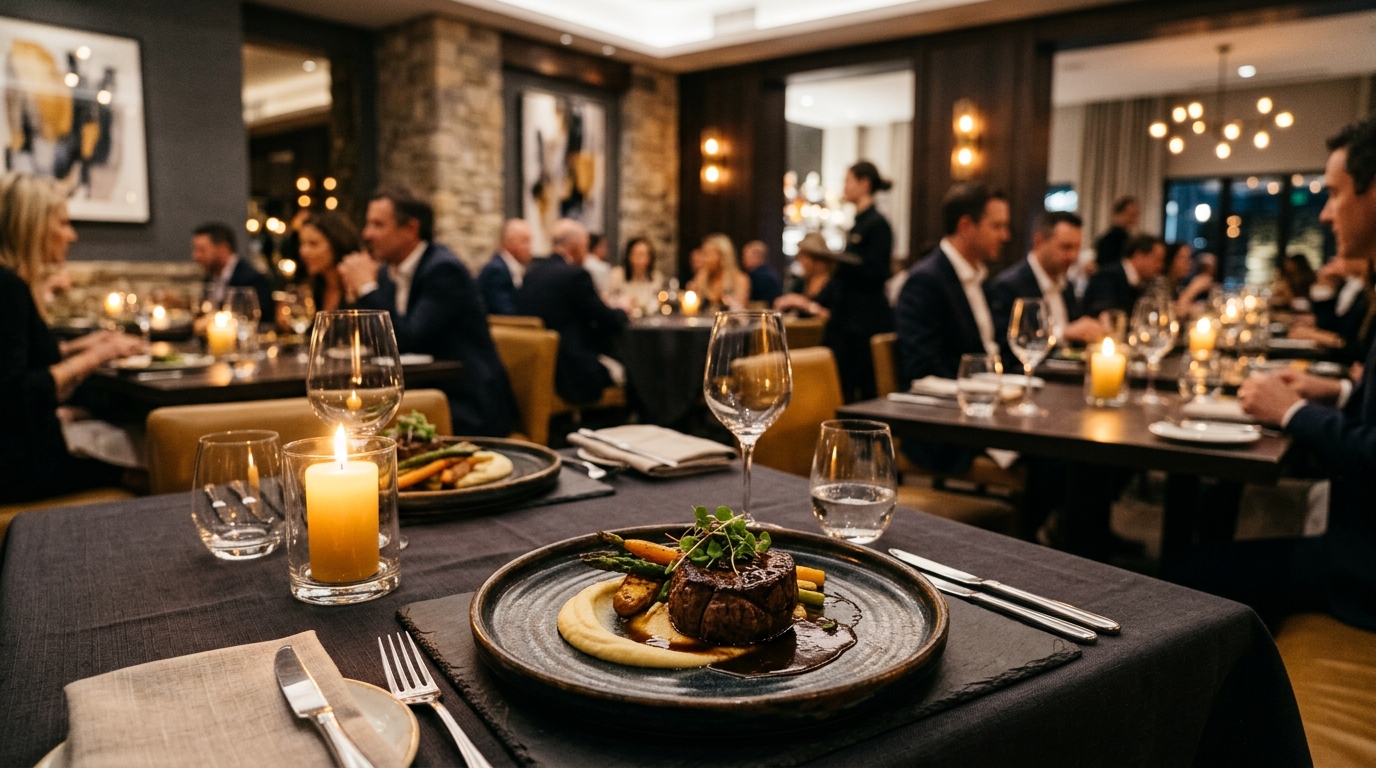 Salão de restaurante de hotel elegante no jantar, com mesas postas e prato sofisticado em destaque