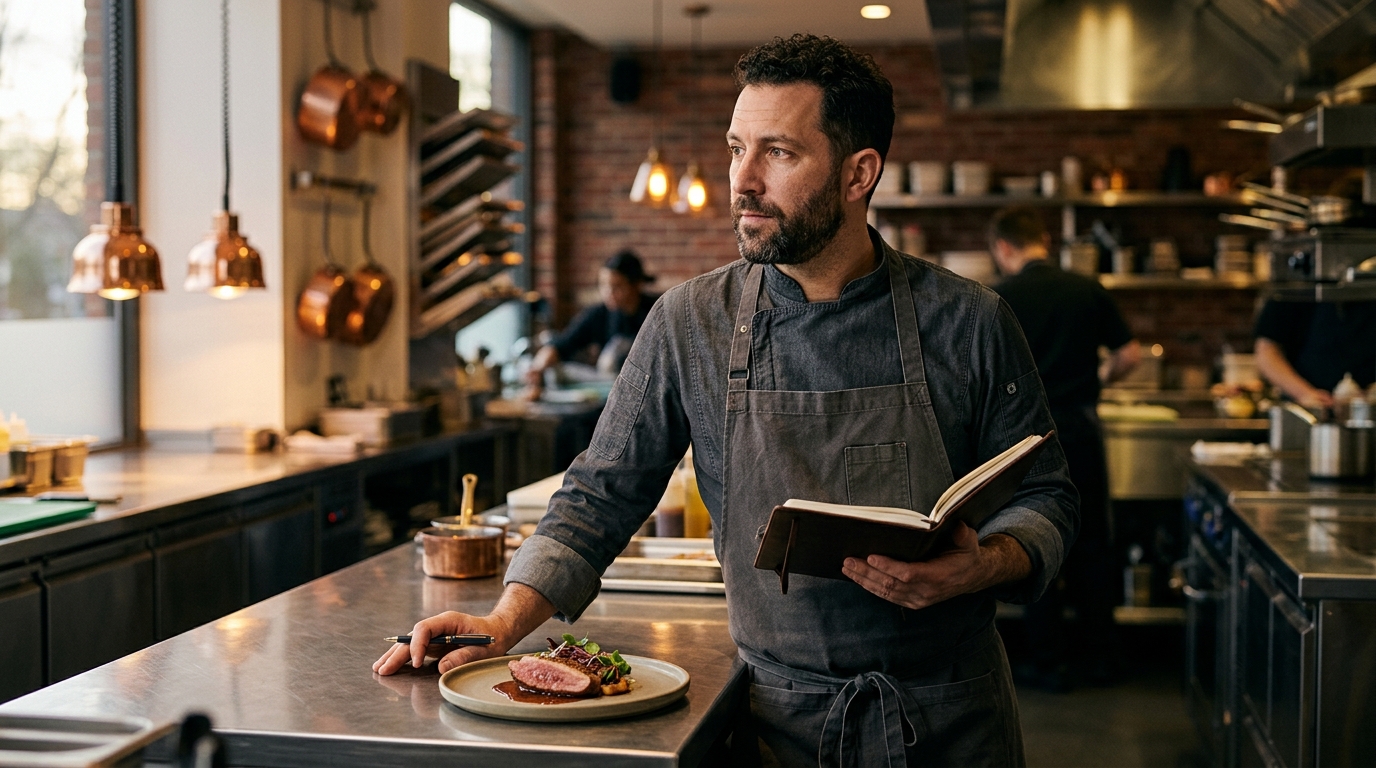 Chef-dono pensativo numa cozinha profissional, com prato e caderno — equilíbrio entre emoção e dados