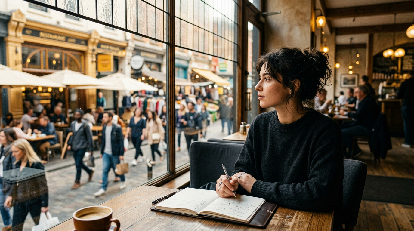 Pessoa observando uma rua movimentada de restaurantes a partir de uma cafeteria, com caderno e café