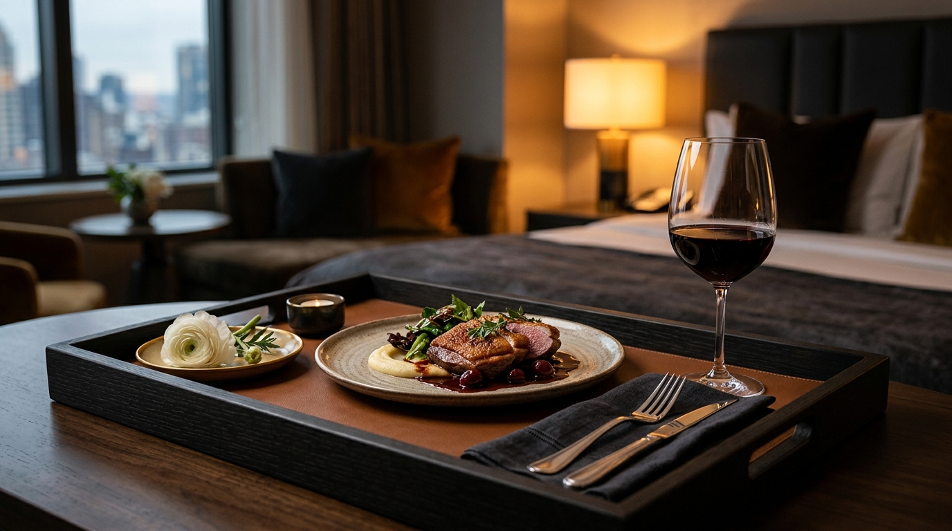 Jantar gourmet de room service em bandeja numa suíte sofisticada — gastronomia na hospitalidade