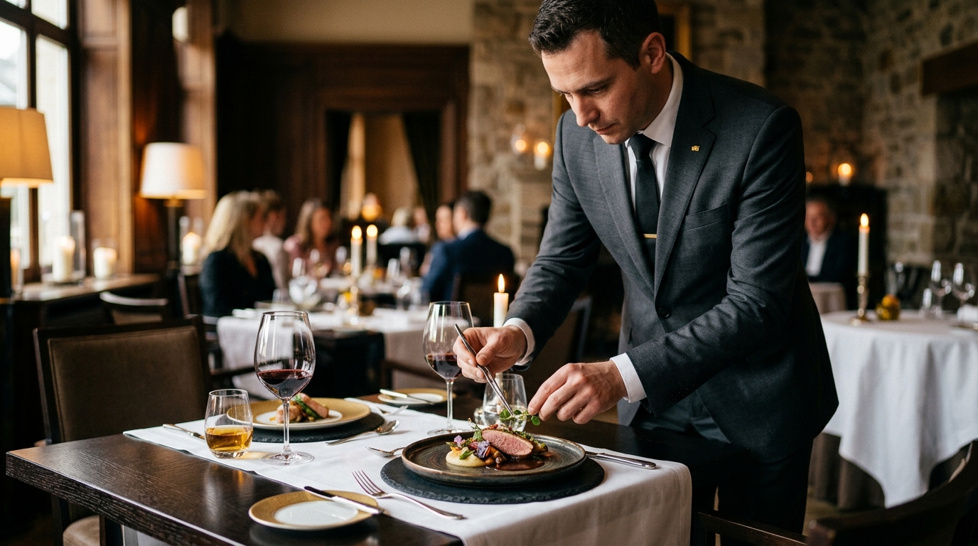 Maître finalizando um prato à mesa em restaurante sofisticado — hospitalidade de alto padrão