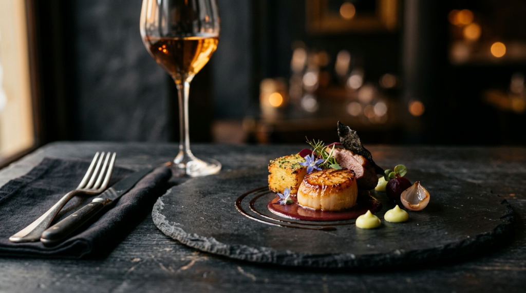 Prato gourmet sofisticado em prato de ardósia sob luz dramática — a margem apertada da gastronomia
