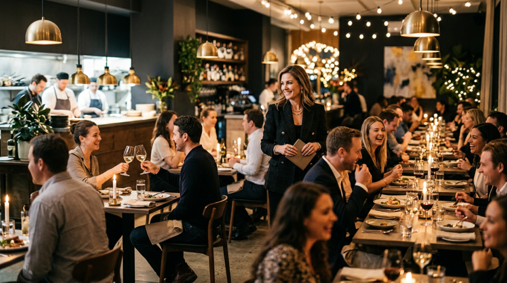 Restaurante elegante e cheio de clientes durante o serviço, com dono observando o salão