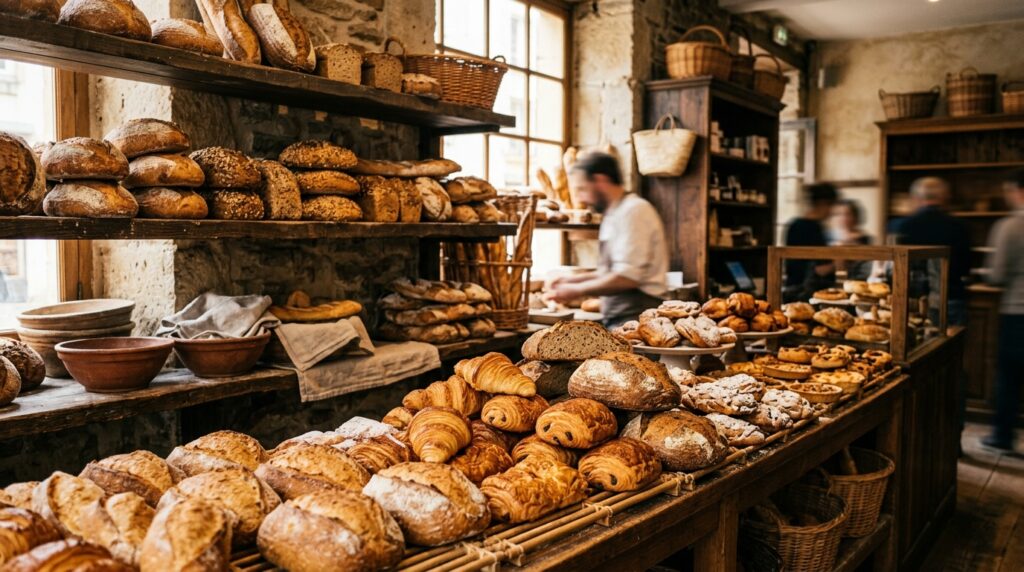 Vitrine de padaria artesanal cheia de pães rústicos dourados e croissants em prateleiras de madeira