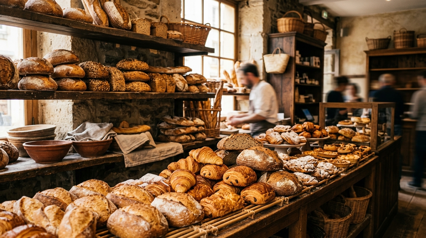 Vitrine de padaria artesanal cheia de pães rústicos dourados e croissants em prateleiras de madeira