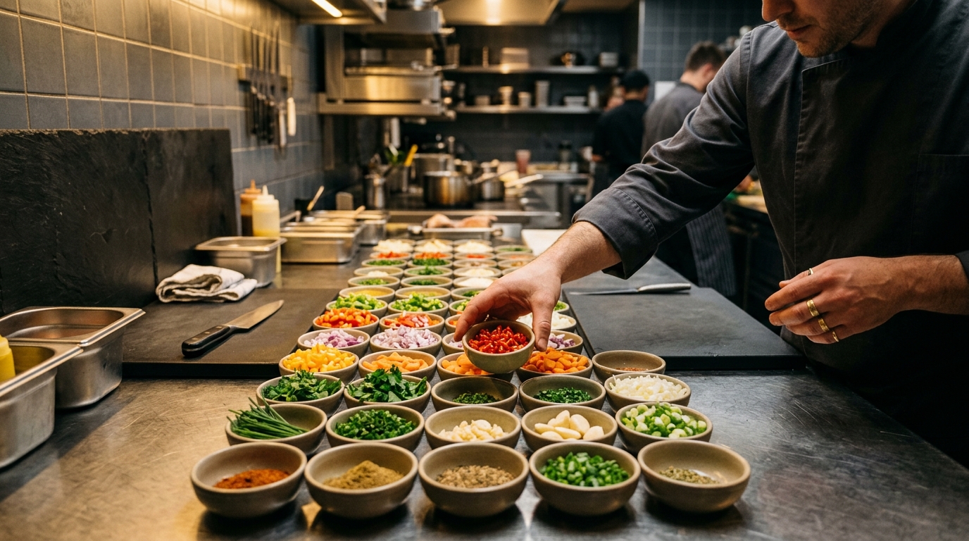 Estação de mise en place organizada com pequenos bowls de ingredientes frescos em ordem
