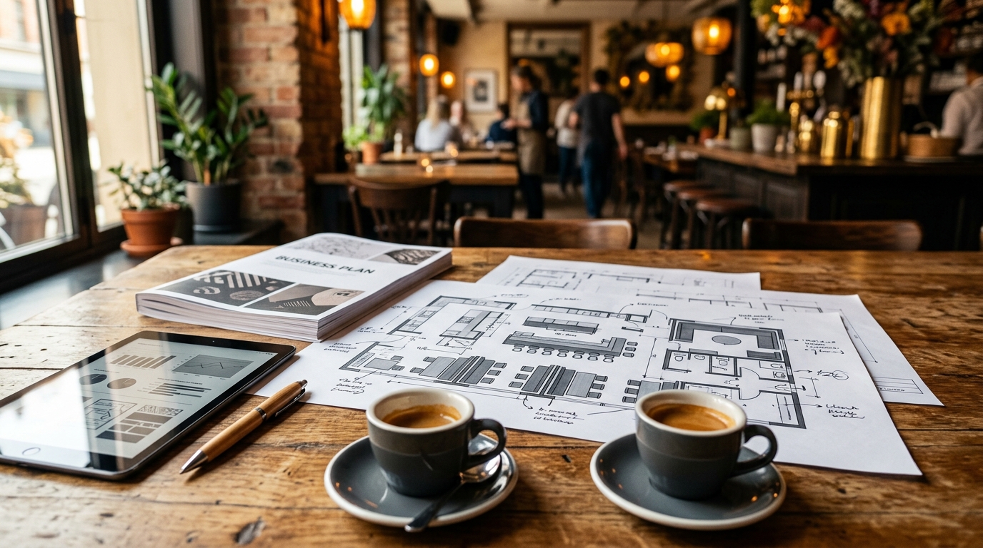 Plano de negócios e plantas de um restaurante sobre a mesa com tablet e café — planejamento de abertura