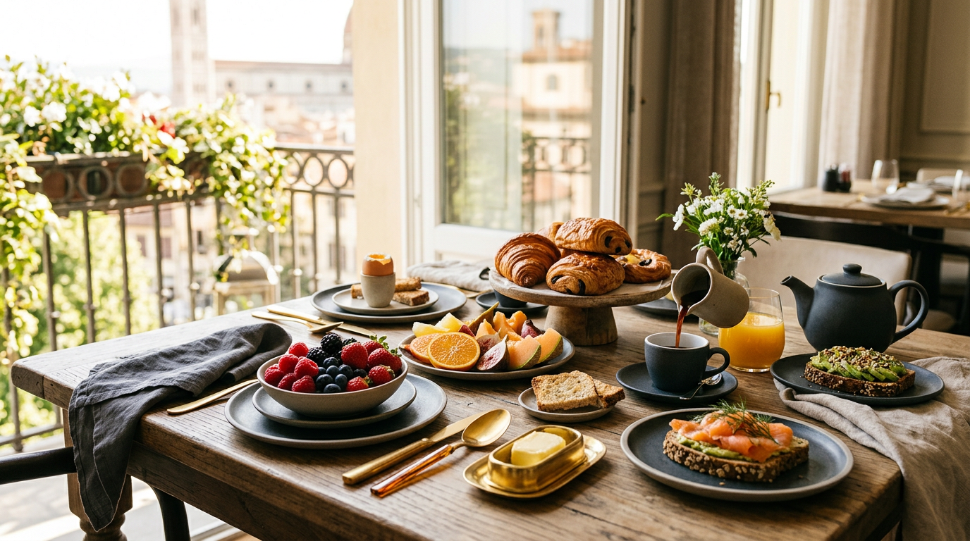 Mesa de café da manhã elegante de hotel com pães, frutas e pratos gourmet junto à janela