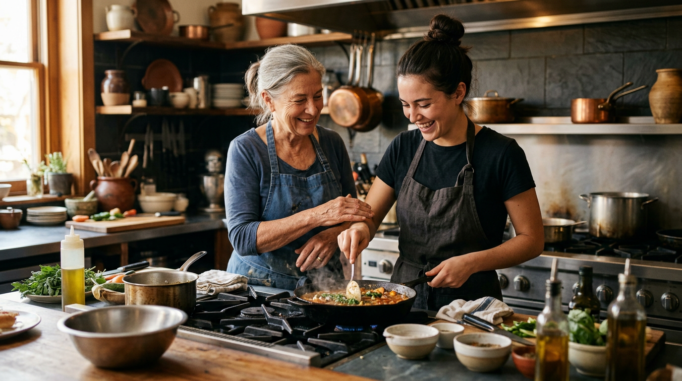 Duas gerações de uma família trabalhando juntas em cozinha de negócio — gestão familiar
