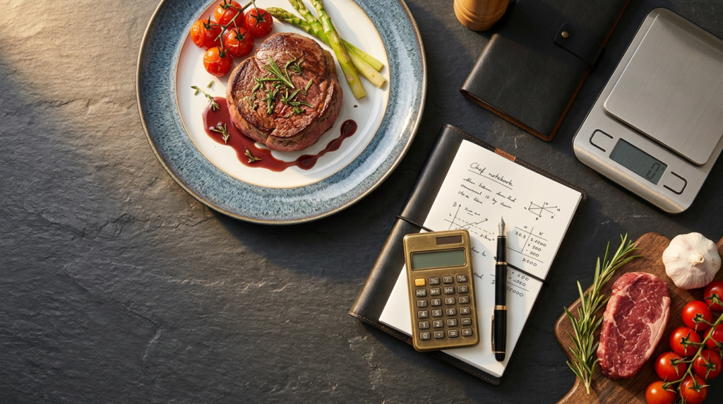 Prato gourmet ao lado de ficha técnica, calculadora e ingredientes — custo real do prato