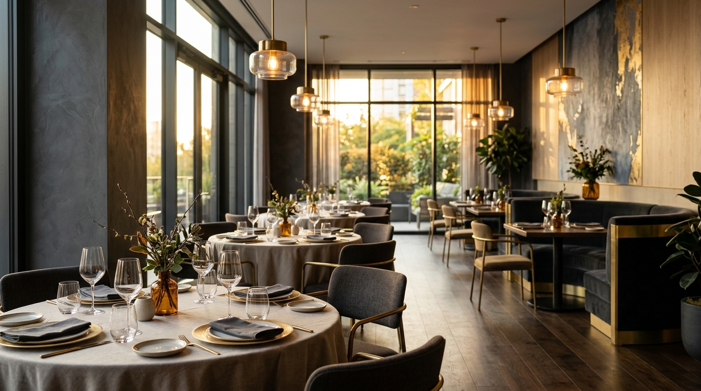 Salão de restaurante recém-reformado e elegante na hora dourada — reposicionamento de negócio