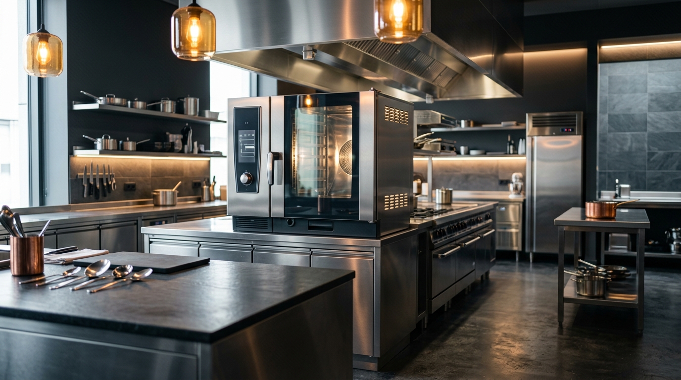 Cozinha profissional moderna com equipamentos de inox e forno combinado — tecnologia e produtividade