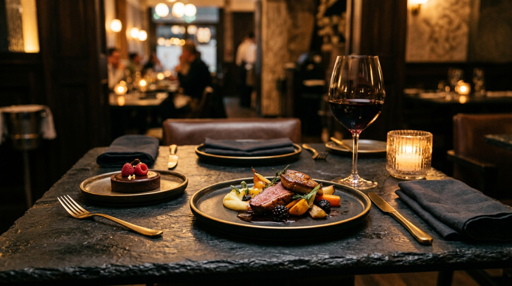Mesa posta com prato, taça de vinho e sobremesa — ticket médio e cardápio