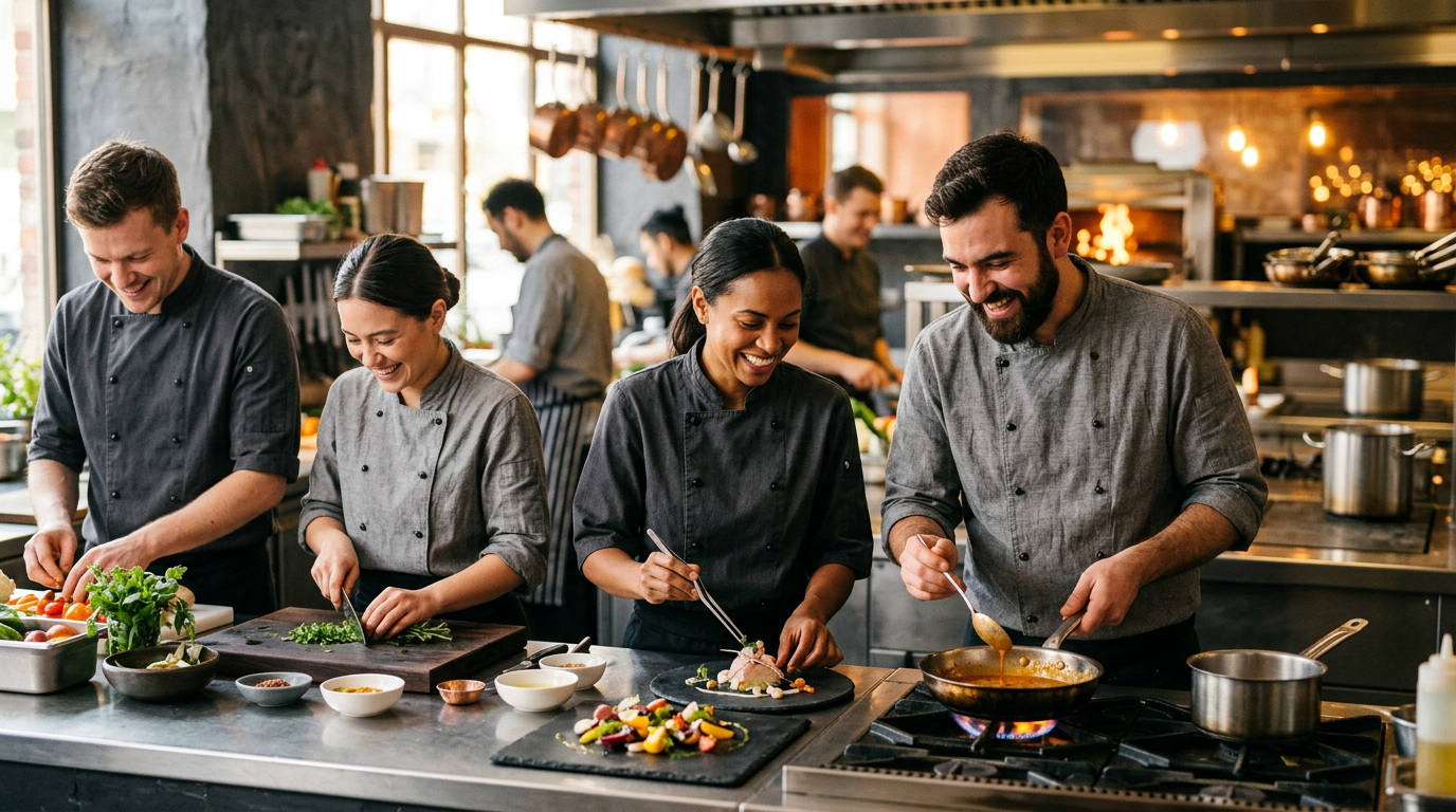 Equipe de cozinha engajada e sorridente trabalhando junto — bem-estar como estratégia