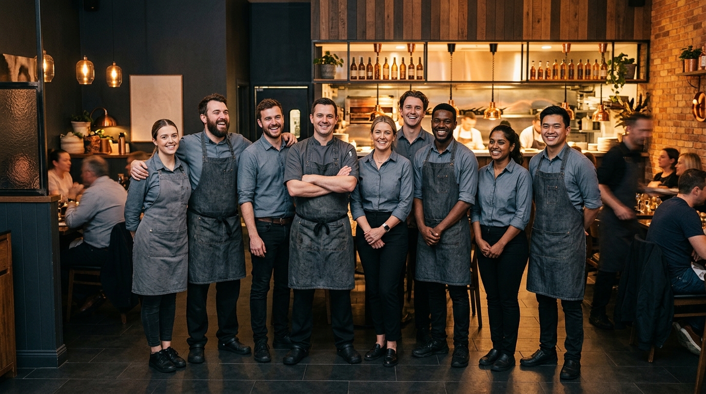 Equipe de restaurante unida e confiante no salão — cultura de equipe