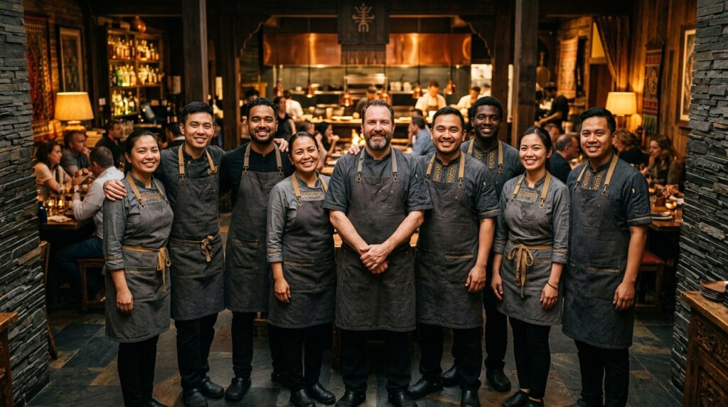 Equipe unida em um restaurante de identidade forte — cultura forte, marca forte