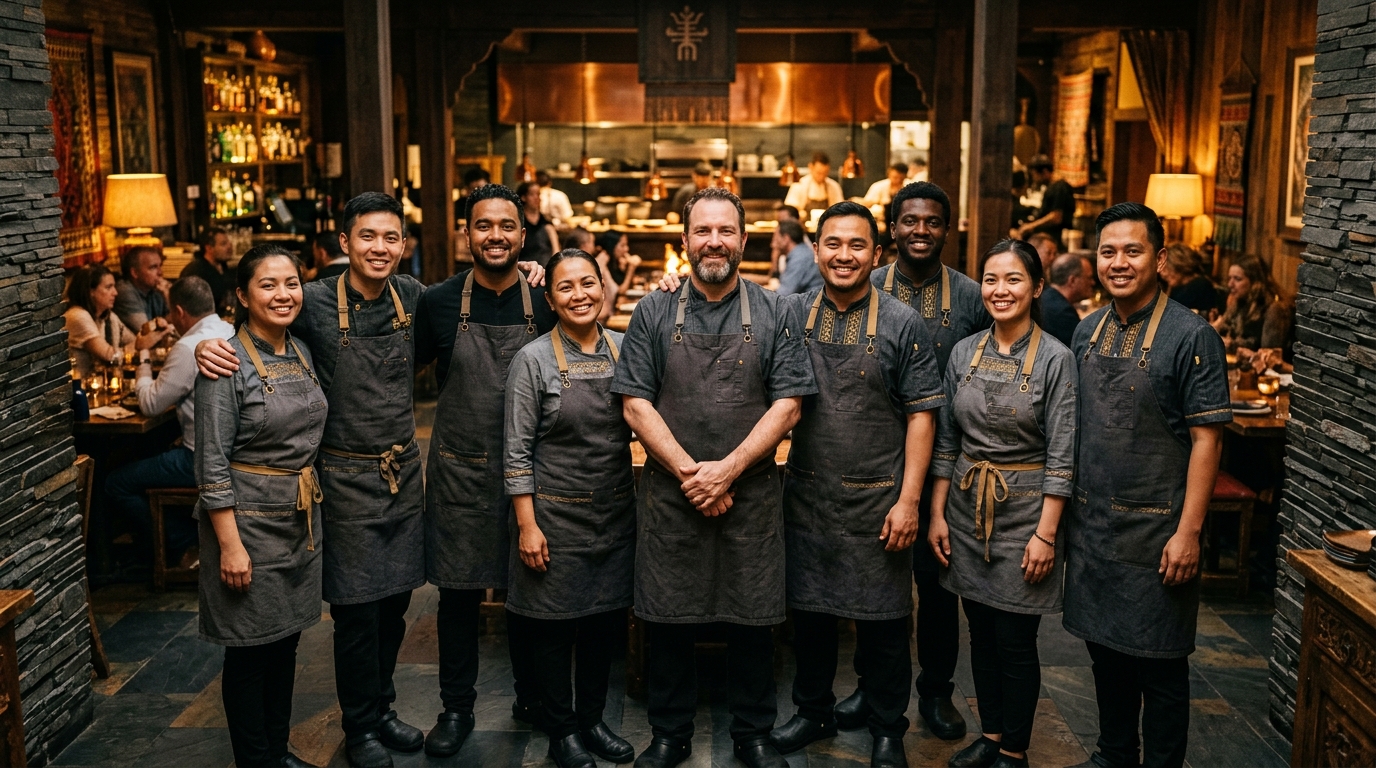 Equipe unida em um restaurante de identidade forte — cultura forte, marca forte