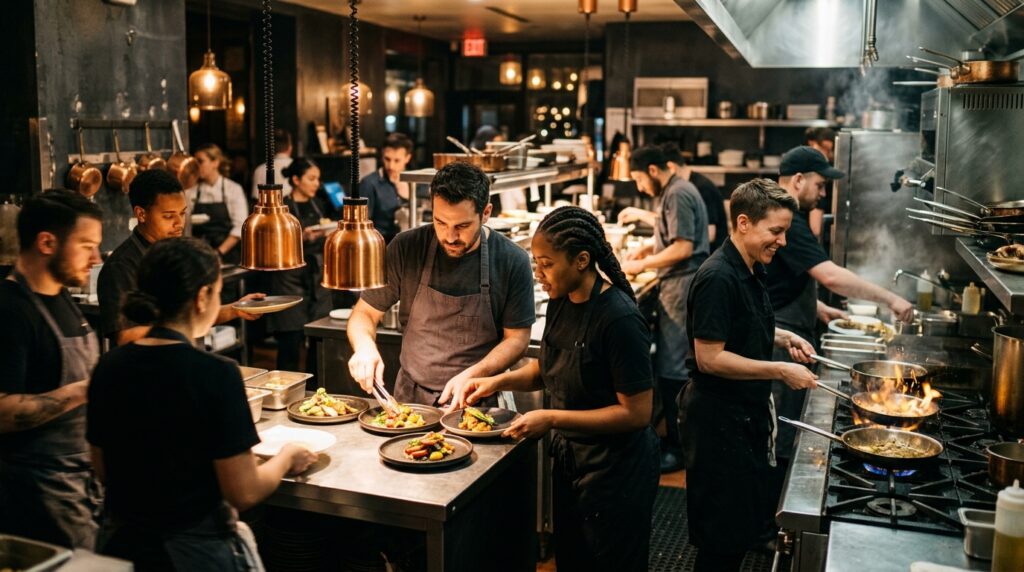 Equipe animada de restaurante em sintonia durante o serviço — o ciclo que fideliza o cliente