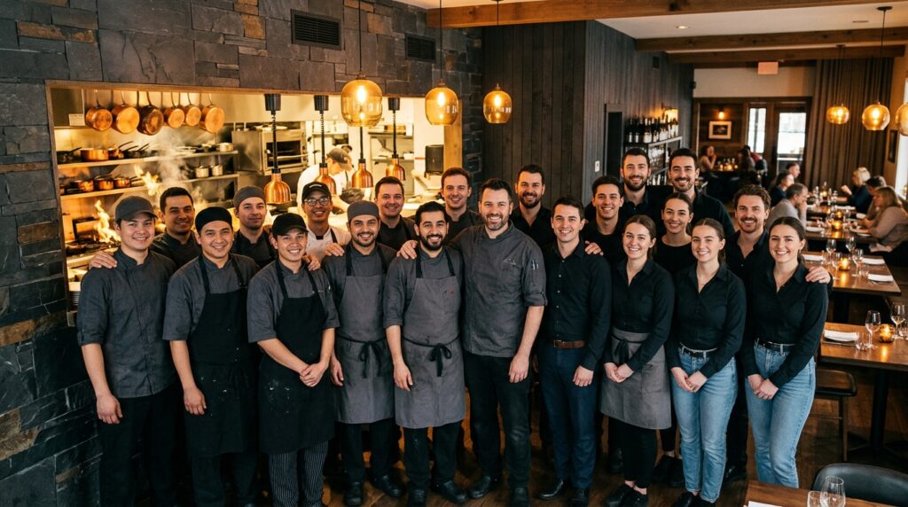 Equipe inteira de cozinha e salão unida pelo cuidado com o cliente — hospitalidade como cultura