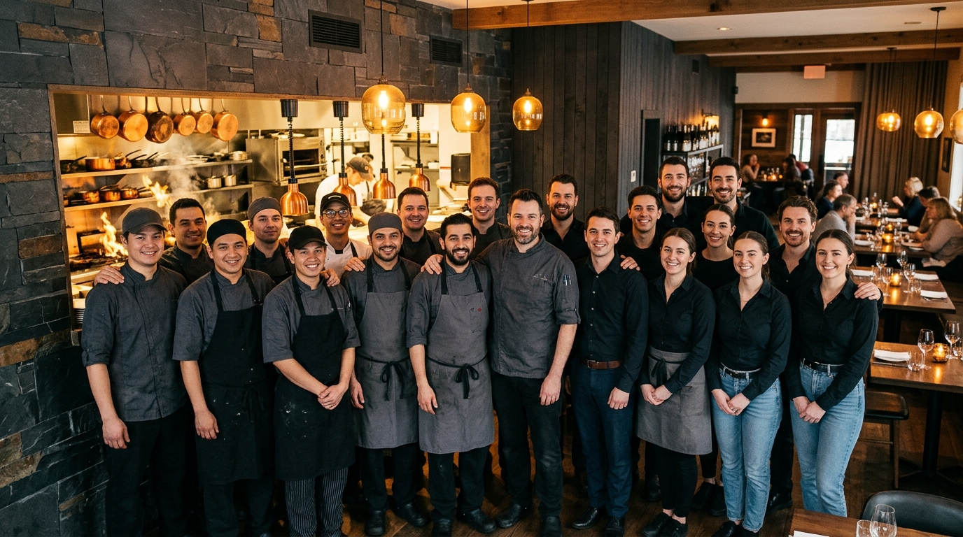 Equipe inteira de cozinha e salão unida pelo cuidado com o cliente — hospitalidade como cultura