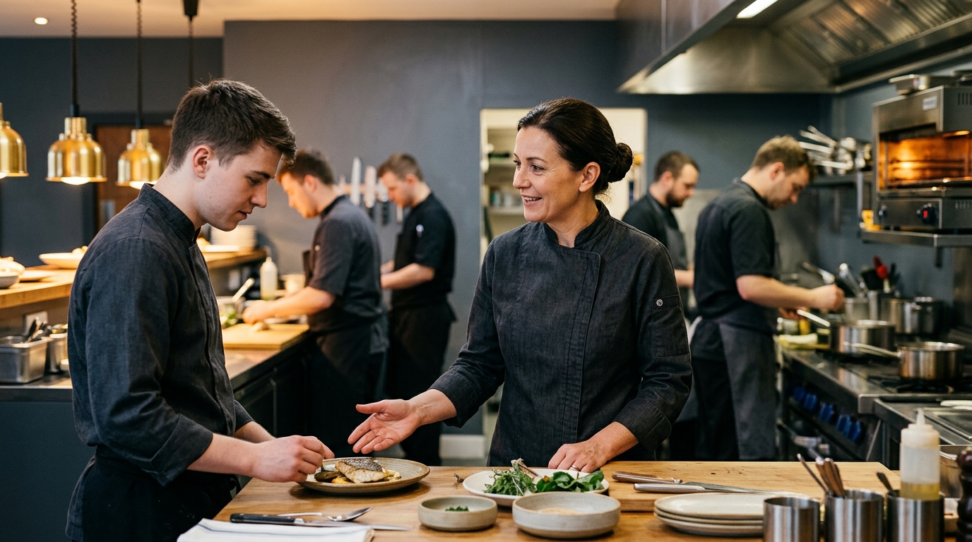 Chef líder orientando a equipe com respeito e atenção — liderança positiva