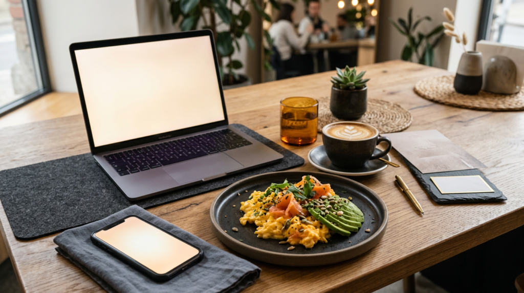 Celular, laptop e prato numa mesa de café — rebranding digital em redes, site e delivery