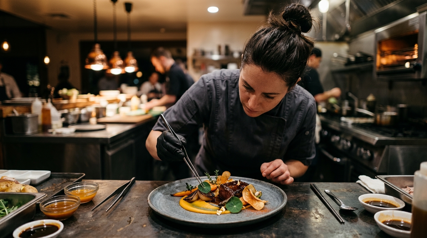 Chef finalizando um prato que une inovação e tradição — reinventar sem trair a essência