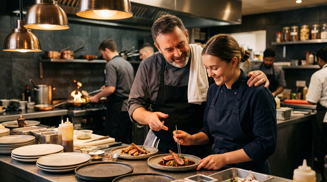 Chef experiente orientando um membro dedicado da equipe — retenção de talentos